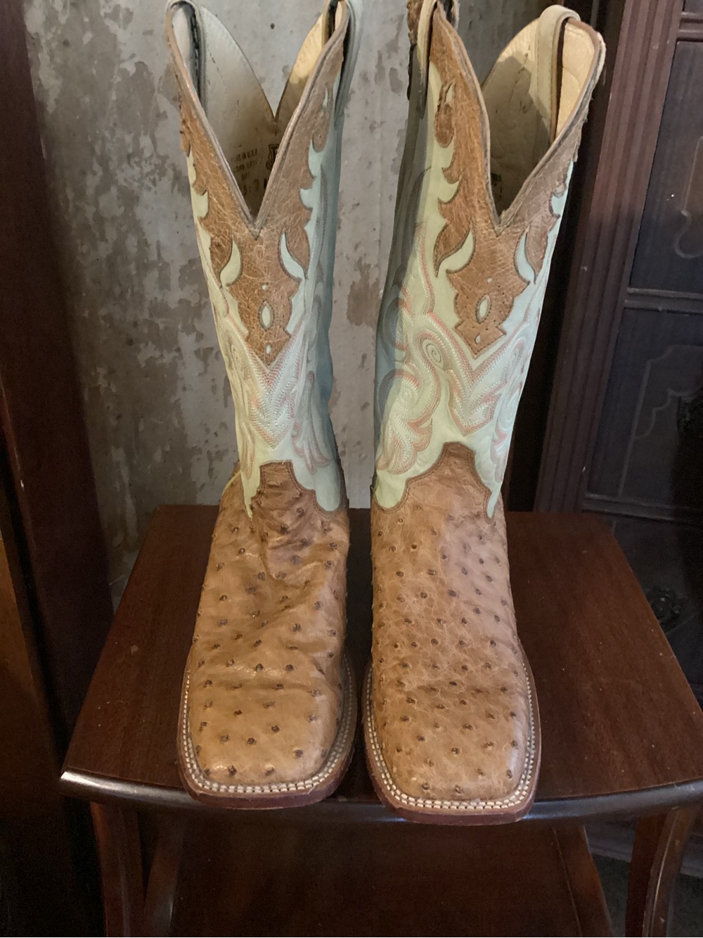 Justin Boots Women's Ostrich Western Heeled Boots - Tan & Light Blue